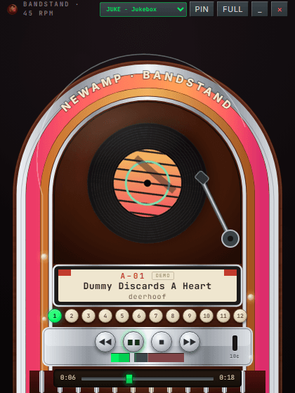 NewAmp's Bandstand jukebox deck — chrome arch, spinning 45, A-01 title strip, and a coin slot