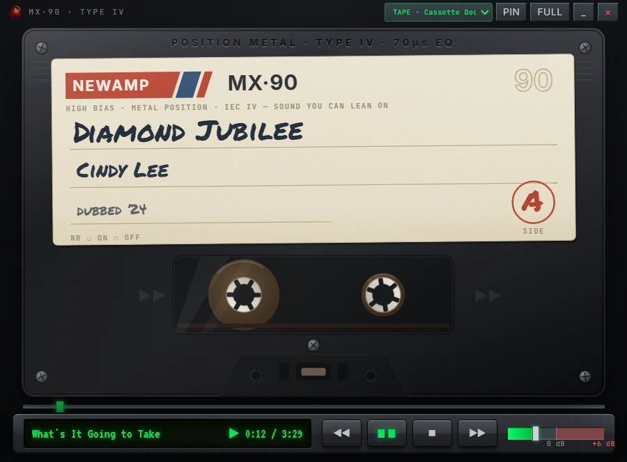 NewAmp's cassette deck — a Type IV tape with Diamond Jubilee and Cindy Lee handwritten on the label, reels turning above the transport