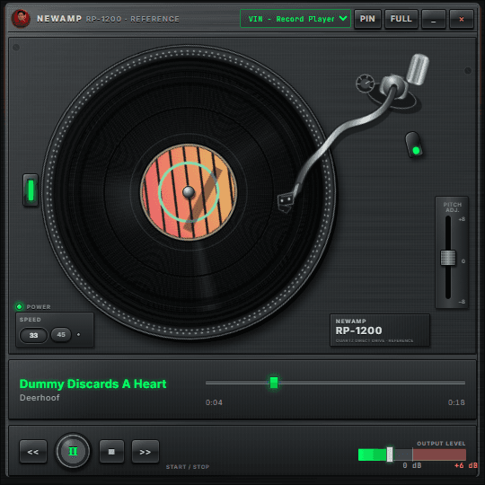 NewAmp's RP-1200 record-player deck — a compact turntable window with a spinning 45, weighted tonearm, and pitch fader