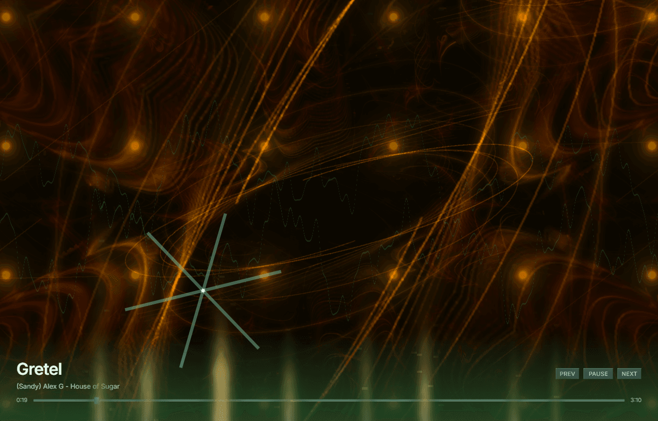 Eviland Live — an ember starfield with cyan waveform traces, painted live from (Sandy) Alex G's Gretel