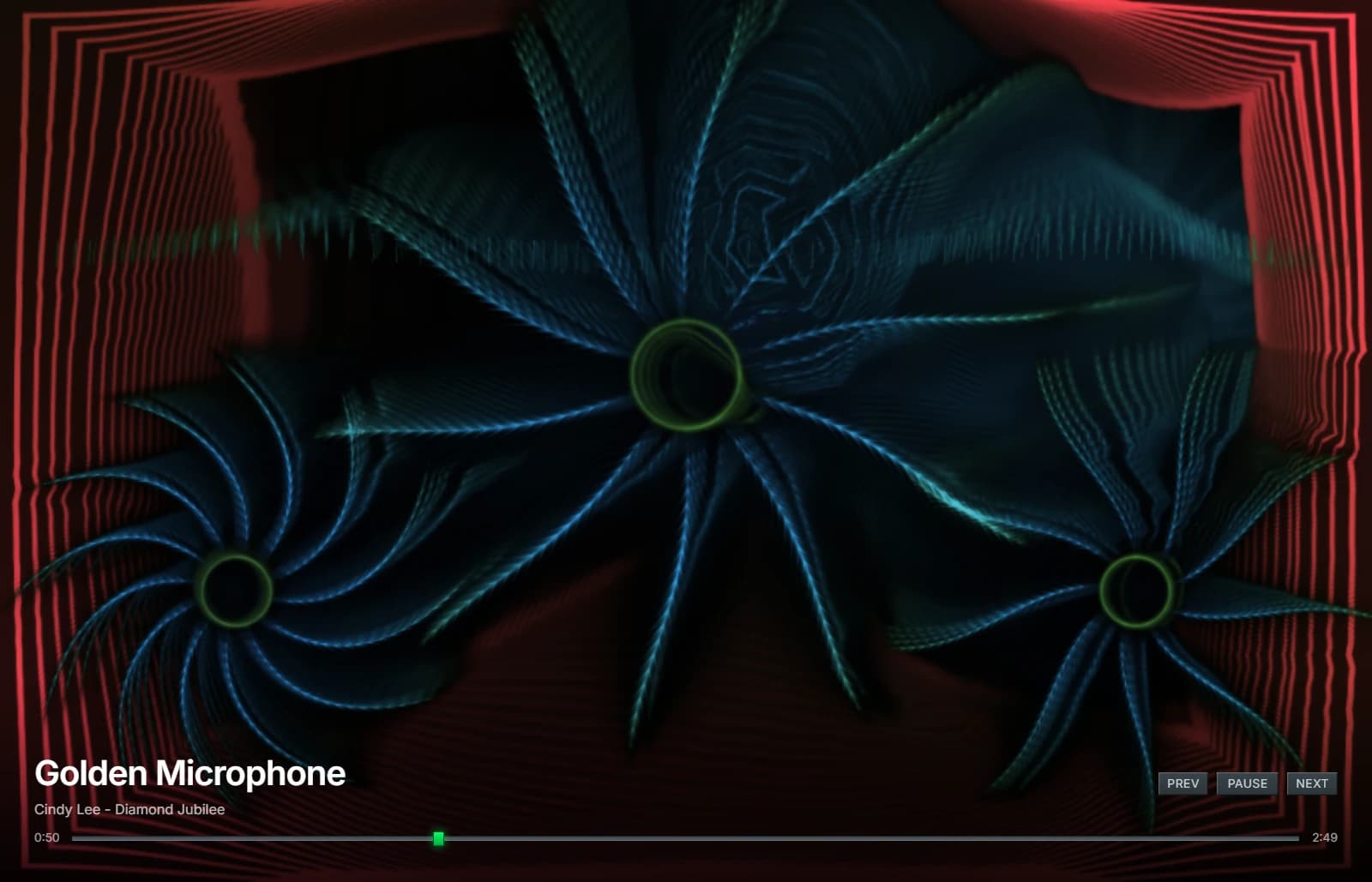 Eviland Live — feathered blue anemone crowns blooming inside MilkDrop's red feedback frame