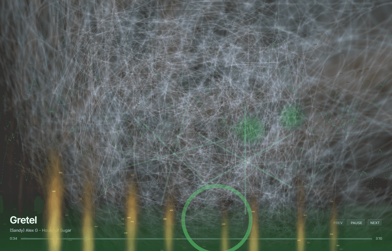 Eviland Live — a nebula of woven light threads over warm glow bars, reacting to the same track seconds later