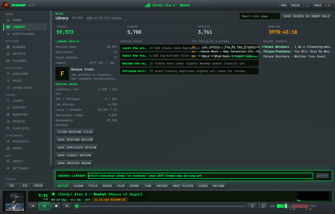 NewAmp's Library view — 59,573 tracks with Library Health, Archive Radar, duplicate clusters, and a query like artist:radiohead year:2007 missing:art