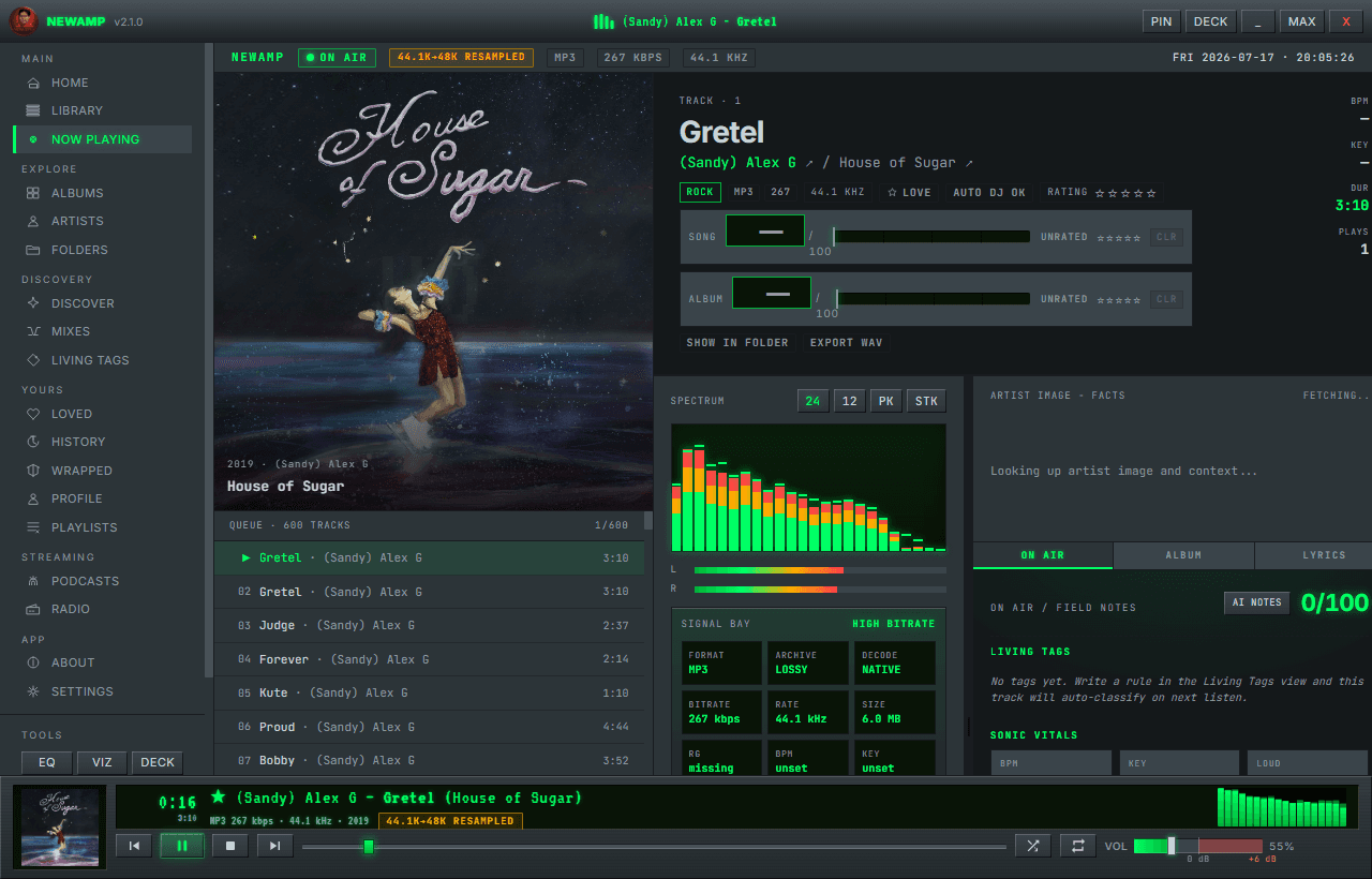 NewAmp 2.1's Now Playing stage — ON AIR lamp, live spectrum, Signal Bay readout, and a 44.1K to 48K resample badge over (Sandy) Alex G's House of Sugar